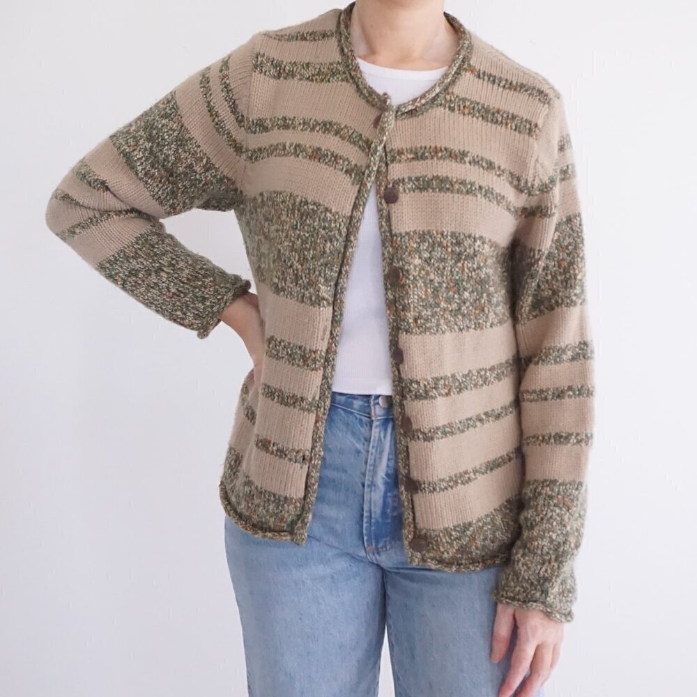 Vintage Christopher And Banks Taupe Green Stripe Knit Cotton Blend Cardigan L